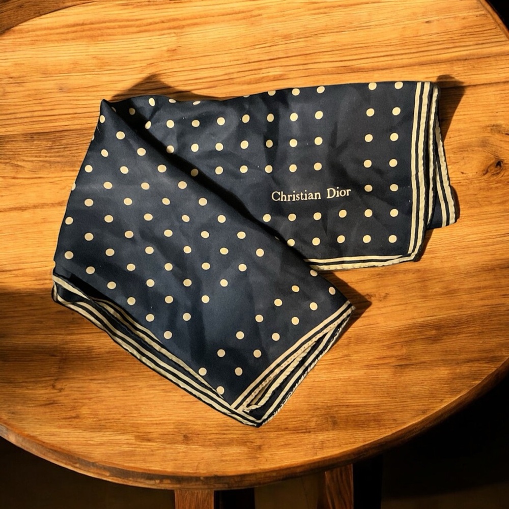 Christian Dior Blue and Gold Polka Dot Scarf